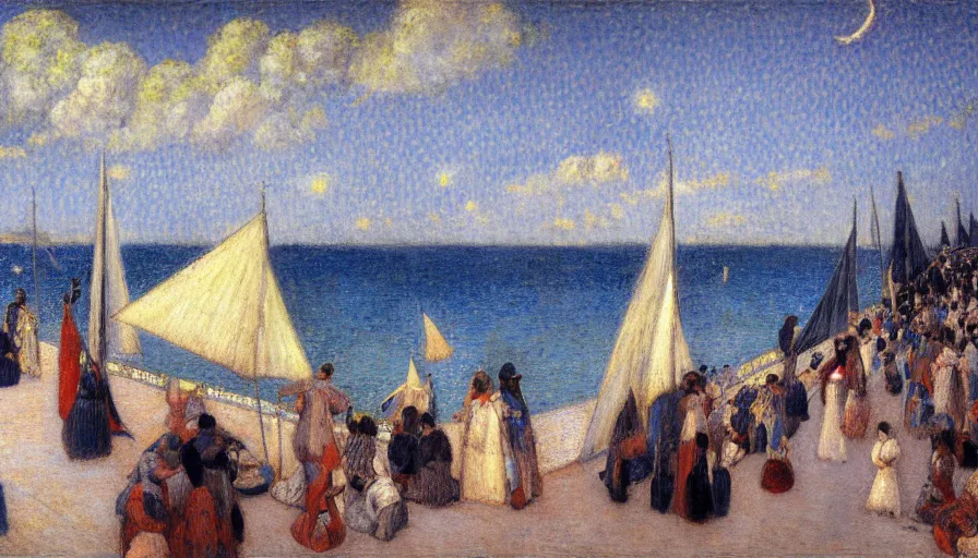 Image similar to a ultradetailed beautiful painting of the night sky of the amazonas palace balustrade designed by jules bastien - lepage, tarsila do amaral, frank weston and gustave baumann, beach, trending on artstation, mediterranean, palm trees, sharp focus, sail boats, soft light, 8 k 4 k