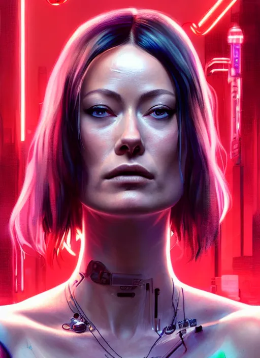 Image similar to portrait of Olivia Wilde as a drug addicted character in Cyberpunk 2077, looking at camera, intricate, dystopian, sci-fi, extremely detailed, digital painting, artstation, concept art, smooth, sharp focus, illustration, intimidating lighting, incredible art by artgerm and greg rutkowski and alphonse mucha and simon stalenhag