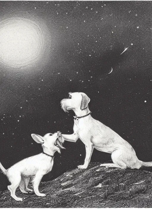 Prompt: candid portrait of jack russel dog howling, night sky, highly detailed, side view, illustrated by peggy fortnum and beatrix potter and sir john tenniel