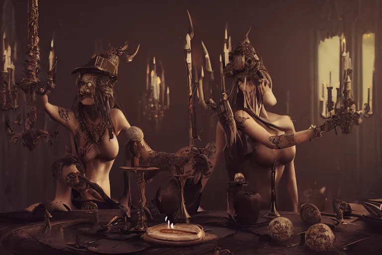 Prompt: dark witches doing a ritual. Ornate details, award winning, Octane render, 4k, 8k, unreal 5, very detailed, hyper control-realism, trending on artstation.”