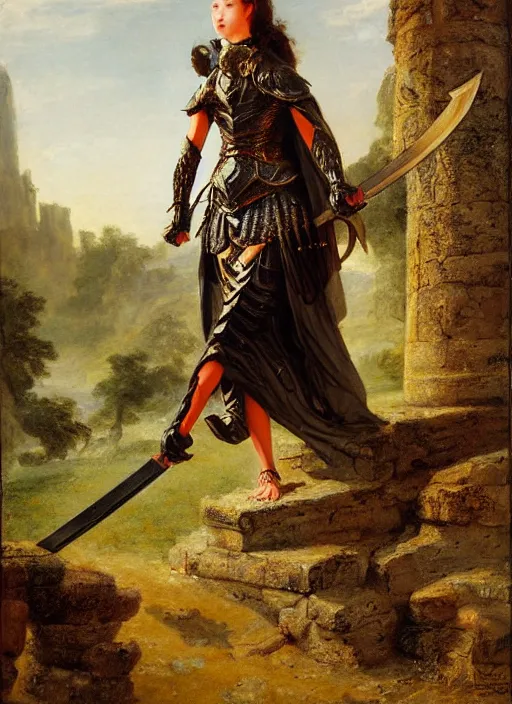 Image similar to woman in dark princess dragon armor, she is holding a katana sword, walking on the mystical ancient ruins. by william henry hunt