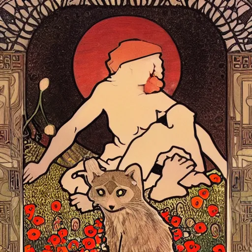 Prompt: a masterpiece painting by mucha exposed at the louvre : a black cat cuddling a racoon in a poppy field with a red sunset in the background