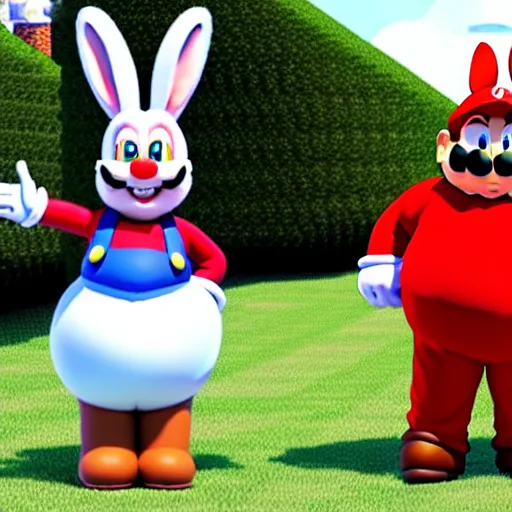 Image similar to real life big chungus dressed like mario, super mario with bunny ears, big chungus mario, fat bugs bunny, high resolution photo