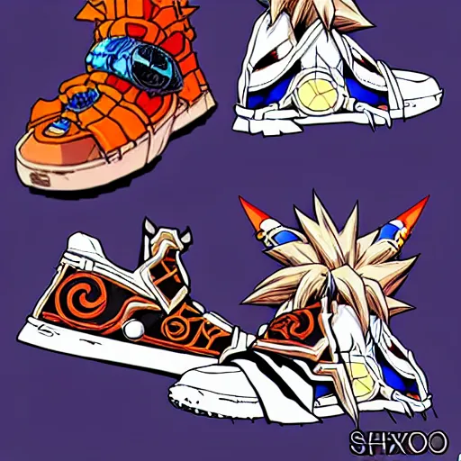 Image similar to fantasy anime jrpg sneaker design designed for goku, chrono trigger guilty gear style, aztec mayan street fashion native punk sneaker design, hip hop sneaker design with subtle mayan patterns, gapmoe yandere grimdark, trending on pixiv fanbox, painted by greg rutkowski makoto shinkai takashi takeuchi studio ghibli, akihiko yoshida