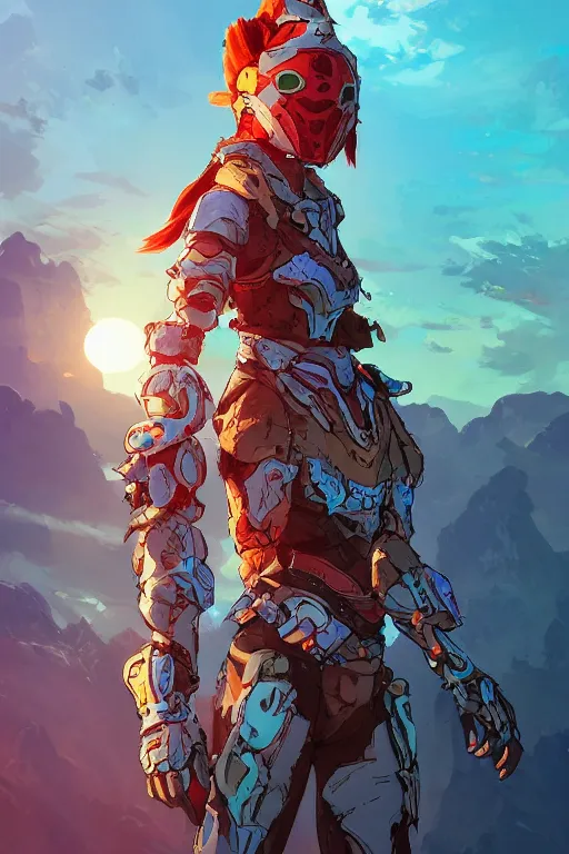 Image similar to combination suit armor aloy horizon forbidden west horizon zero dawn robot ninja mask helmet backpack tribal, art gta 5 comics, official fanart behance hd artstation by jesper ejsing, by rhads, makoto shinkai and lois van baarle, ilya kuvshinov, ossdraws radiating a glowing aura cgi rtx 2 0 2 2