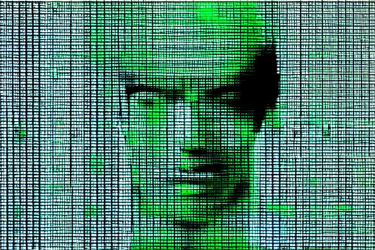 Image similar to an ultra realistic cinematic portrait of a man, green matrix code, detailed, deep focus, movie still, dramatic lighting, ray tracing, by werner herzog and ryoji ikeda