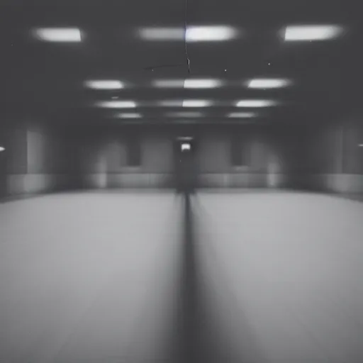 Image similar to There are two young male shadowy figures in a large empty hall, total view, long exposure, motion blur, polaroid picture, black-and-white, 35mm