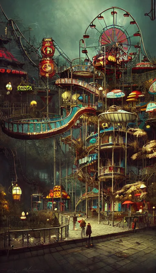 Prompt: michal karcz grunge painting of an amusement park. , monster theme, detailed, elegant, intricate, 4k,