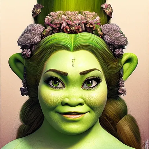 Prompt: a beautiful detailed front view portrait of princess fiona from shrek with ornate growing around, ornamentation, flowers, elegant, beautifully soft lit, by wayne barlowe, peter mohrbacher, kelly mckernan,