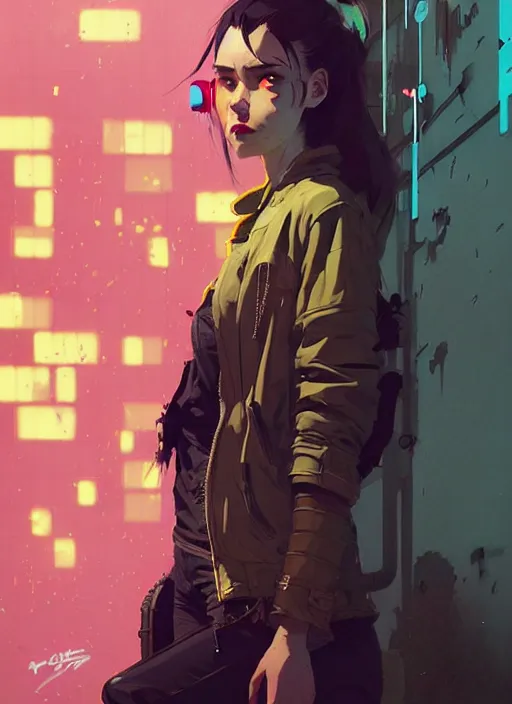 Prompt: highly detailed portrait of a moody post - cyberpunk young adult lady by atey ghailan, by greg rutkowski, by greg, tocchini, by james gilleard, by joe fenton, by kaethe butcher, gradient yellow, black, brown and cyan color scheme, grunge aesthetic!!! ( ( graffiti tag city background ) )