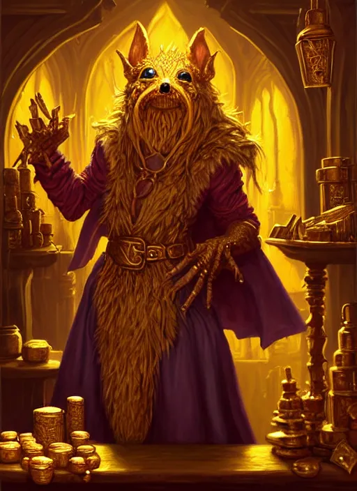 Image similar to a _ fantasy _ style _ portrait _ painting _ of a humanoid gold kobold male in wizard robes selling wares in his shop, oil _ painting _ unreal _ 5 _ daz. _ rpg _ portrait _ extremely _ detailed _ artgerm _ greg _ rutkowski _ greg