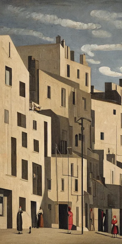 Image similar to a painting of street life in kirkwall, orkney, people,houses, by Giorgio de Chirico