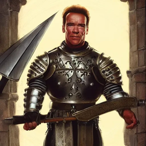 Image similar to arnold schwarzenegger as a medieval knight, holding rapier, fantasy, intricate, elegant, artstation, concept art, smooth, sharp focus by huang guangjian and gil elvgren and sachin teng