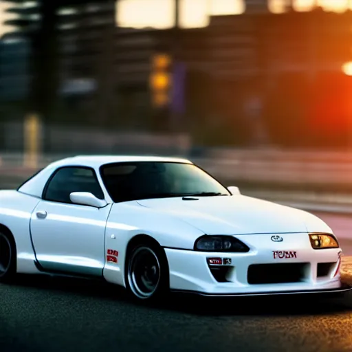 Prompt: still of a toyota supra mk4 on the road in tokyo, action shot, sunset, cgsociety, need for speed heat inspired