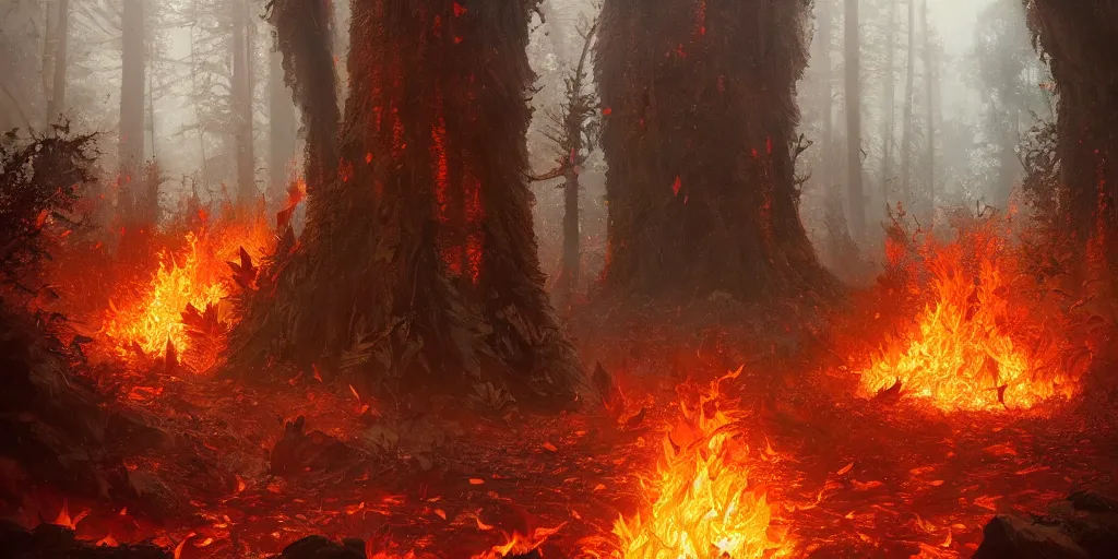 Image similar to A flaming forest , flaming leaves,Magma,flame stones are scattered, flame ferns, flame shrubs, huge flame Fantasy plant,covered in flame porcelain vine, artstation,by Jakub Rozalski, Greg Rutkowski,anthony avon