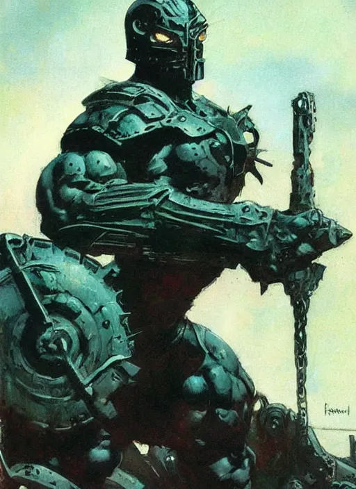 Prompt: iron saint, strong line, eerie color, beautiful! coherent! by frank frazetta, by brom