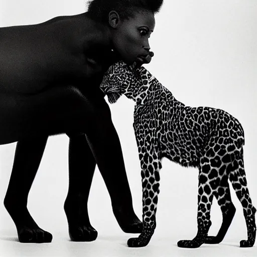 Image similar to a beautiful african lady and the black leopard, black and white, by richard avedon,