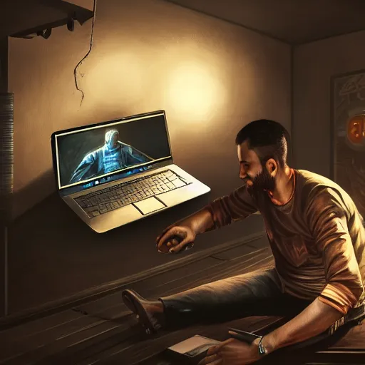 Image similar to realistic man using laptop in gaming room, artstation trends, concept art, highly detailed, intricate, sharp focus, digital art, 8 k