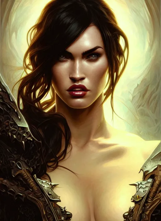 Image similar to portrait of megan fox as demon, batwings, hell, intricate, headshot, highly detailed, digital painting, artstation, concept art, sharp focus, cinematic lighting, illustration, art by artgerm and greg rutkowski, alphonse mucha, cgsociety