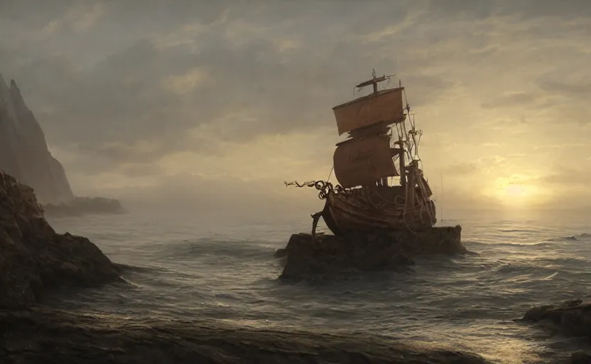 Image similar to old wooden pirate ship, directed by charlie kaufman ( 2 0 0 1 ) anamorphic lenses, a rocky shore in the foreground, foggy volumetric light morning, a beam of light from the heavens, cinematic trending on artstation in the style of greg rutkowski