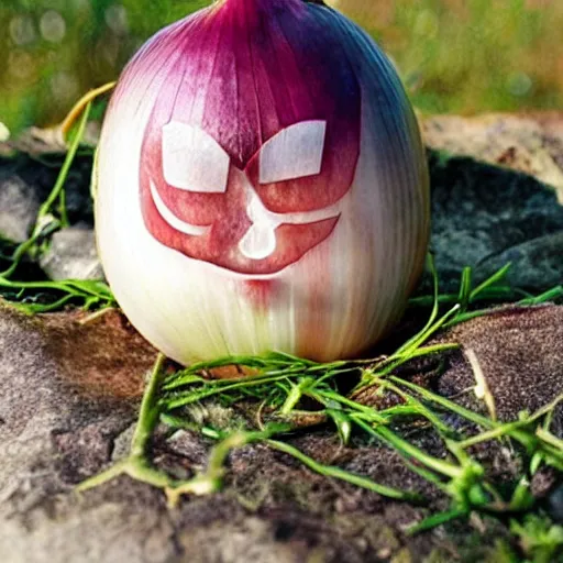 Prompt: an onion!!!!! with the face of kratos on it
