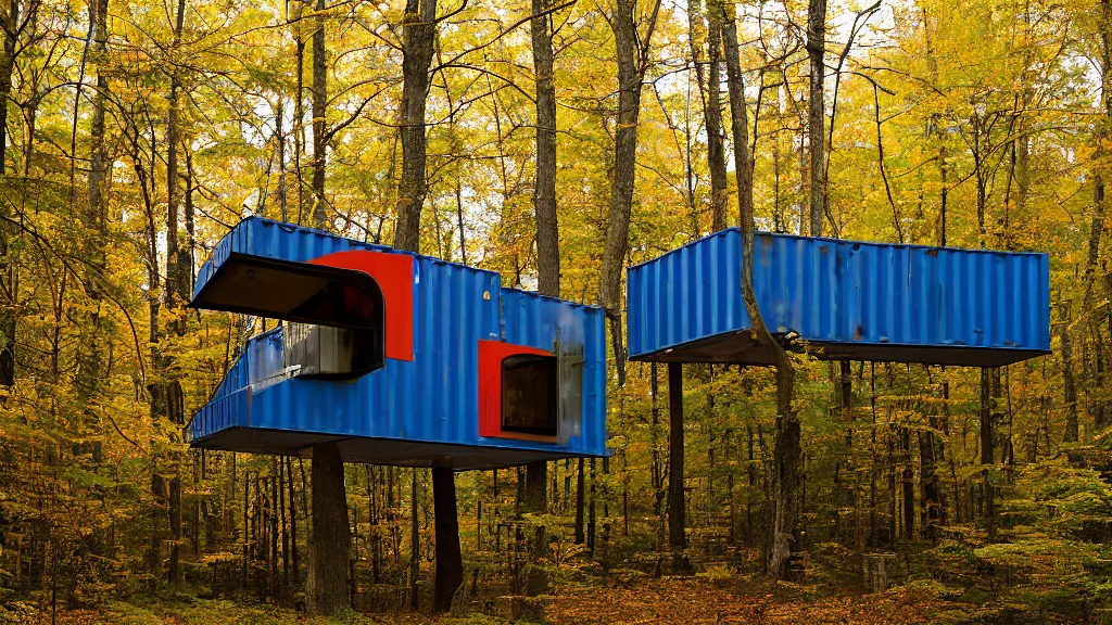 Image similar to modernist shipping container treehouses in william penn state forest, pennsylvania, usa, autumn