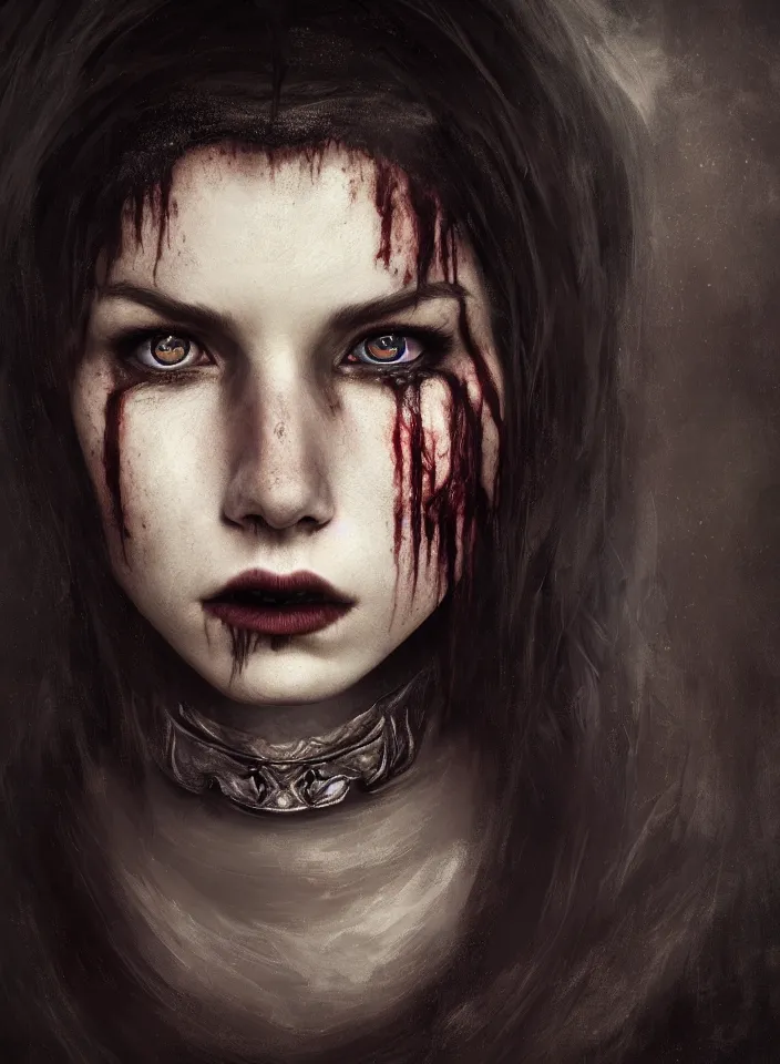 Image similar to a face portrait of a young female vampire from skyrim, fantasy setting, beautiful face, dark colors, scary lighting, atmospheric, cinematic, moody, in the style of diego koi, gina heyer, luiz escanuela, art by alyssa monk, hyperrealism, rule of thirds, golden ratio, oil on canvas, 8 k