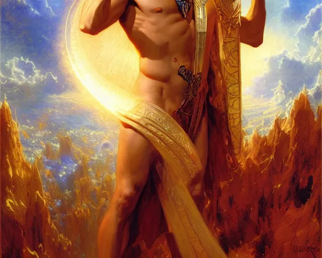 Image similar to attractive pagan male deity, summoning handsome lucifer morning star. highly detailed painting by gaston bussiere, craig mullins, j. c. leyendecker 8 k