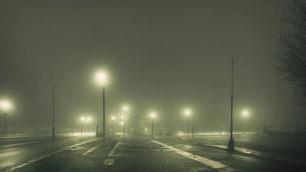 Image similar to photograph of a foggy city at night by henri prestes, 4 k resolution