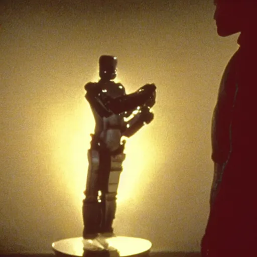 Image similar to movie scene of a man with a robot head, movie still, cinematic composition, cinematic light, criterion collection, reimagined by industrial light and magic, Movie by David Lynch and andrzej zulawski