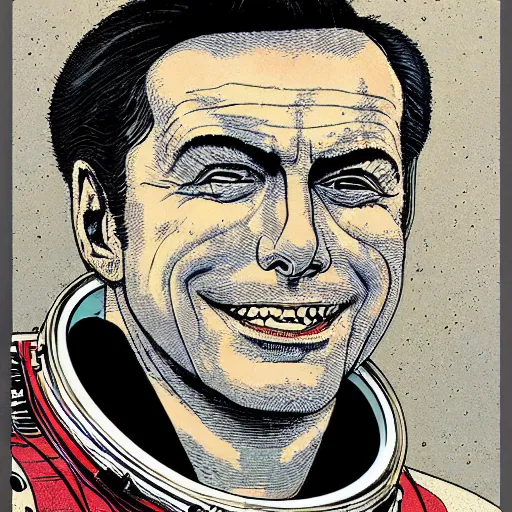 Image similar to portrait of berlusconi naraka astronaut painted in miyazaki color style drawn by katsuhiro otomo and takato yamamoto, high detail, intricate linework, sharp, monster face, perspective, manga and anime