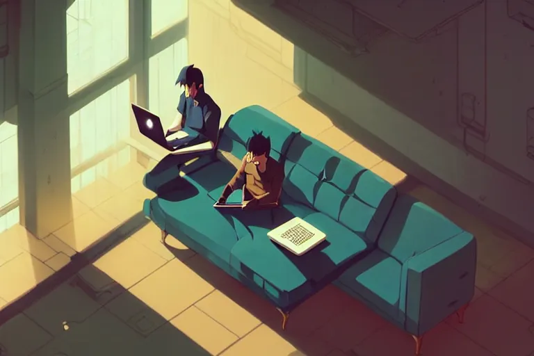 Image similar to a young man sitting on a sofa working on a laptop, wide angle shot from above, golden curve composition, animation portrait concept art, style of makoto shinkai, xision, james jean and peter mohrbacher, studio ghibli, artgerm, karol bak, dan mumford, 4 k hd, animation style