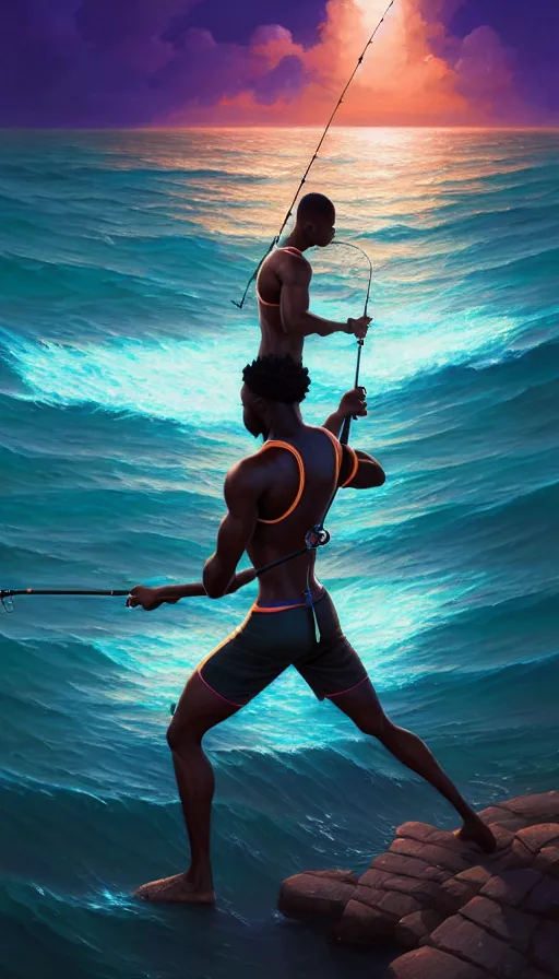 Prompt: highly detailed portrait of one athletic modern jamaican man, fishing, magical glowing fishing rod, ocean background, symmetry, unreal engine, fantasy art by greg rutkowski, loish, rhads, makoto shinkai and lois van baarle, ilya kuvshinov, rossdraws, tom bagshaw, global illumination, radiant light, detailed and intricate environment