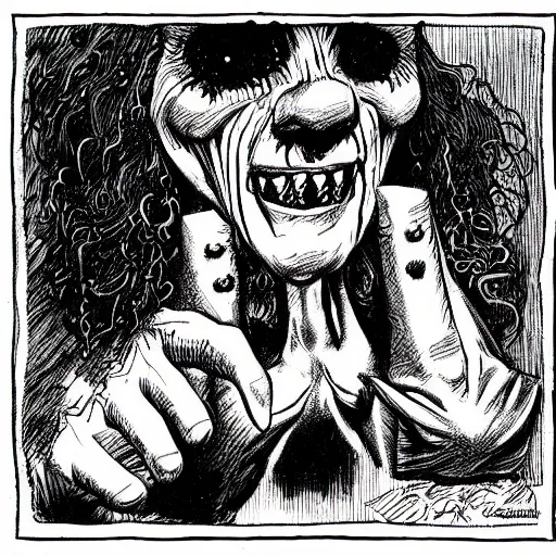 Image similar to a Pop Wonder scary horror themed goofy-hilarious-character r-Crumb, dime-store-comic drawn with charcoal and pen and ink, half-tone-line-stacking