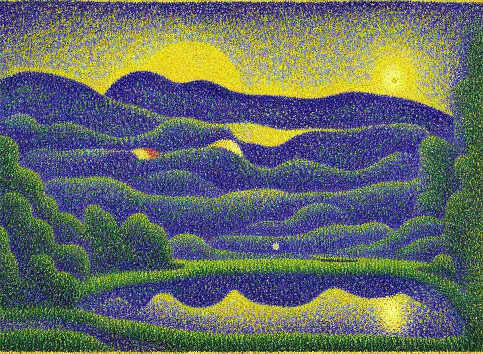 Image similar to a peaceful mountain valley with a lake at night, crescent moon, pointillism, style of georges seurat and paul signac, 4 : 3 aspects