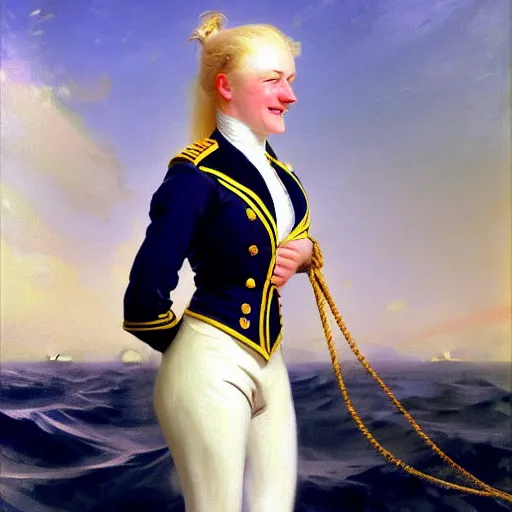 Image similar to painting of a muscular albino female sailor woman with broad shoulders, flowing white hair, and a confident smile, naval uniform, on a boat at sea. painting by john singer sargent and ivan aivazovsky, 4 k hd artstation
