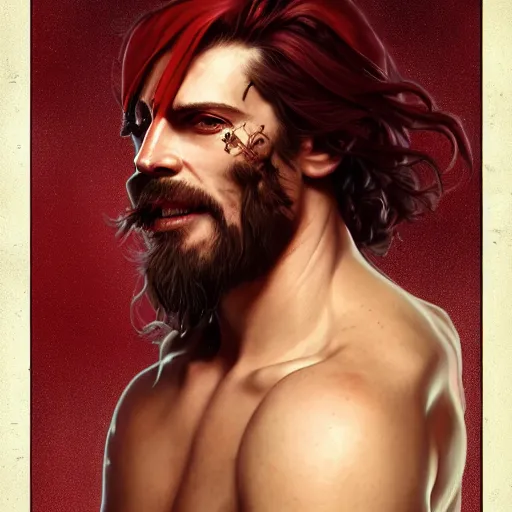 Prompt: portrait of a young ruggedly handsome but joyful pirate, male, masculine, upper body, red crimson hair, long hair, fantasy, roguish smirk, intricate, elegant, highly detailed, digital painting, artstation, concept art, matte, sharp focus, illustration, art by artgerm and greg rutkowski and alphonse mucha