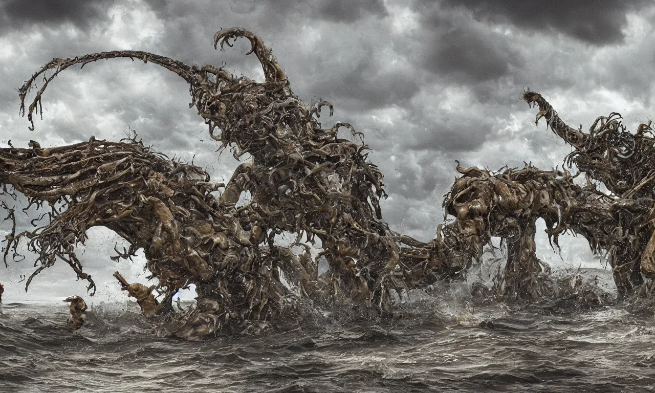 Image similar to a gigantic monster that looks like a mixture of monkfish with crocodile limbs, wet and slimy with a very large mouth, is on the street of and old town in the caribe, dragging its enormous weight with effort on a beach, there are people fleeing in terror, photo-realistic, stormy sky, photo by national geographical