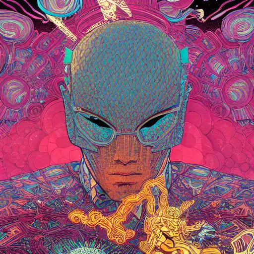 Image similar to invincible man show hyperviolent detailed maximalist hyperrealism psychedelic by victo ngai and moebius