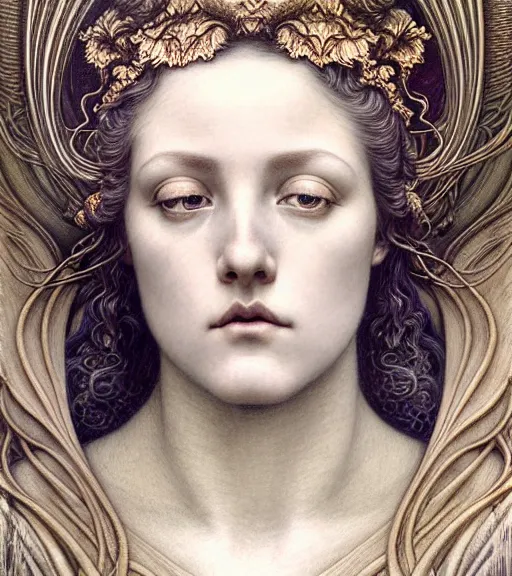 Image similar to detailed realistic beautiful young jessica lang as queen of jupiter face portrait by jean delville, gustave dore and marco mazzoni, art nouveau, symbolist, visionary, gothic, pre - raphaelite. horizontal symmetry by zdzisław beksinski, iris van herpen, raymond swanland and alphonse mucha. highly detailed, hyper - real, beautiful