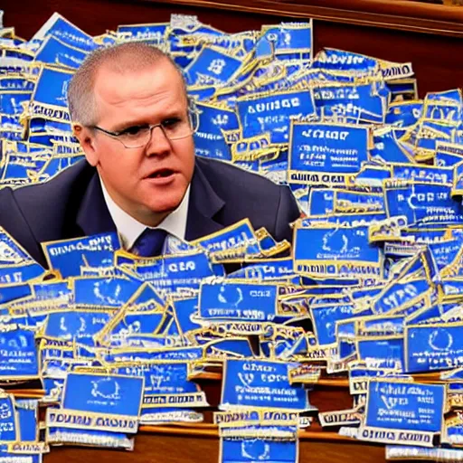 Prompt: highly detailed photo of scott morrison in parliament hoarding a huge pile of name tags from other politicians, symmetrical face, 8 k, tilt - shifted image, news media photography