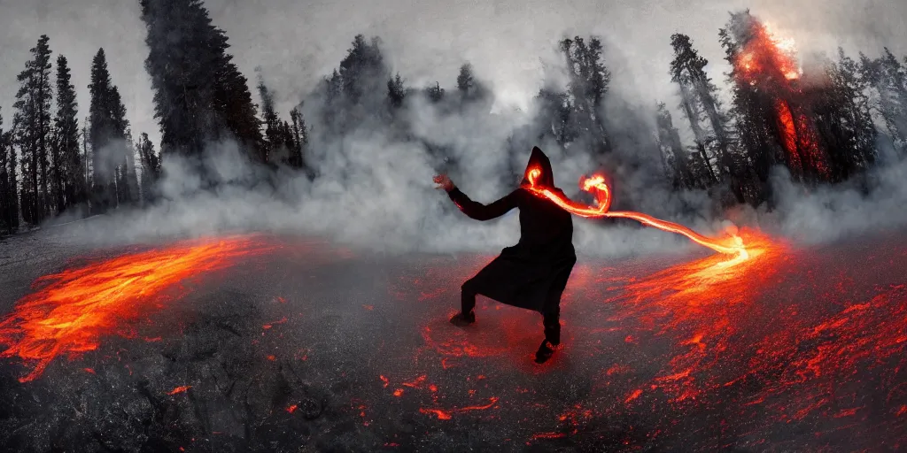 Prompt: fisheye slow motion with trail fire effect of futuristic break dancer wearing long dark cloak and skeleton head emitting fire, long exposure shot , enigmatic, at night in the middle of the arctic with red light A letter, paddle of water, steam, fog, water splashes, rim lights, glossy reflections, water droplets on lens, octane render, Volumetric dynamic lighting, stunning cover magazine, high details, hajime sorayama