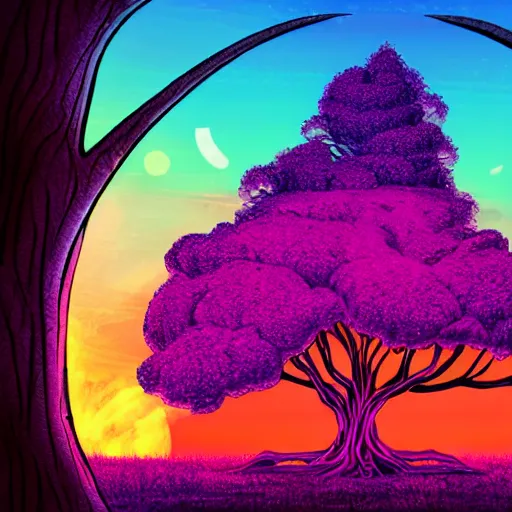Prompt: synthwave, giant futuristic tree, sunset, sharp, 4k, 2D