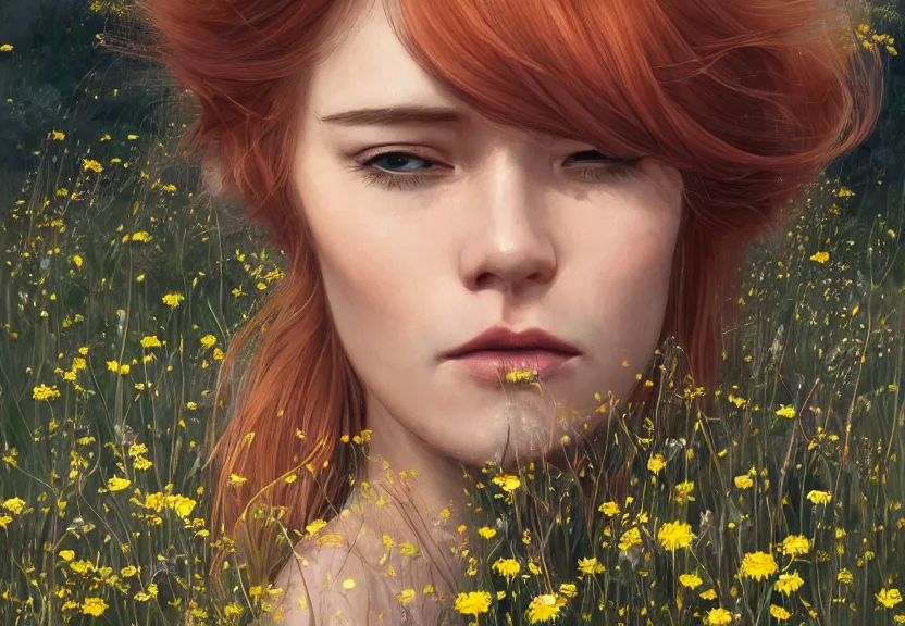 Prompt: a woman seen from behind from a distance with copper hair and a flowing yellow sundress dancing in a field of wildflowers, with cute - fine - face, pretty face, realistic shaded perfect face, fine details by realistic shaded lighting poster by ilya kuvshinov katsuhiro otomo, magali villeneuve, artgerm, jeremy lipkin and michael garmash and rob rey