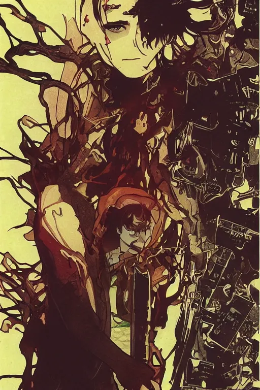 Prompt: professionally drawn 9 0 s seinen seinen seinen mature cyberpunk horror detective action manga comic cover, full color, beautifully drawn coherent professional, drawn by ilya kuvshinov, satoshi kon, hiromu arakawa, alphonse mucha, kentaro miura. japanese words kanji on the cover. award - winning museum art manga cover.