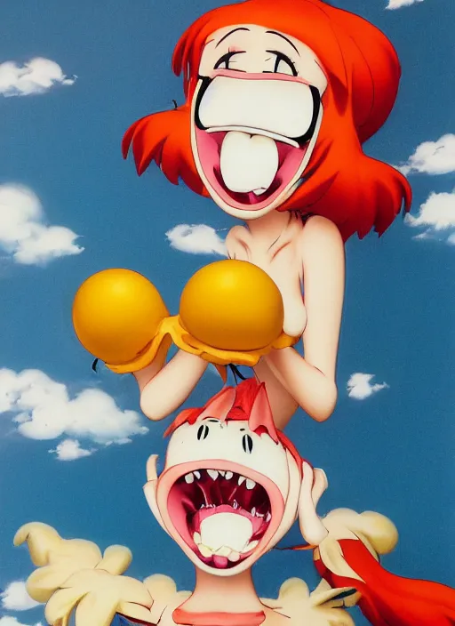 Prompt: a lowbrow airbrush painting of a moe anime girl figurine caricature with a big toothy grin featured on Ren and Stimpy by Norman Rockwell