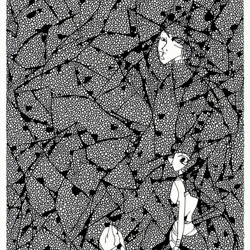 Image similar to woman, abstract, jet set radio artwork, ryuta ueda artwork, hylics artwork, ink, asymmetry, stipple, lines, stippling, crosshatching, linework, dark, ominous, eerie, hearts, minimal, points, technical, natsumi mukai artwrok, tight