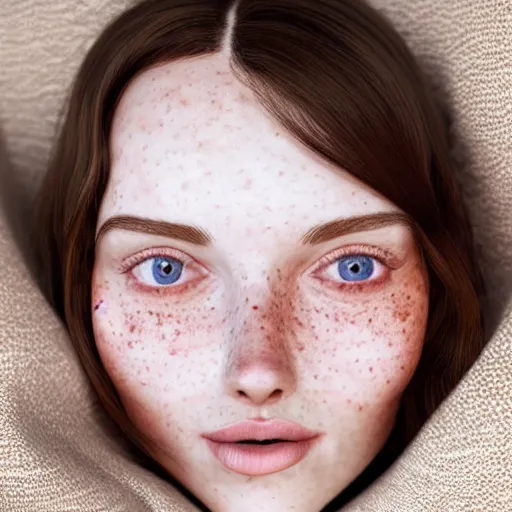 Prompt: portrait of a cute thin young woman, red blush, cute freckles wearing casual clothes, small smile, relaxing on a couch, cozy under a blanket, cozy living room, close up shot, 8 k, trending on artstation, art by diego fazio and irakli nadar and ron mueck, hyperrealism, hyperdetailed, ultra realistic