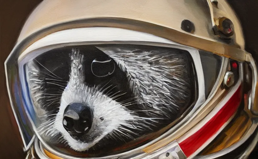 Image similar to oil painting of a racoon in a astronaut suit with helmet, 35mm, photo, Epic, cinematic, highly detailed and intricate