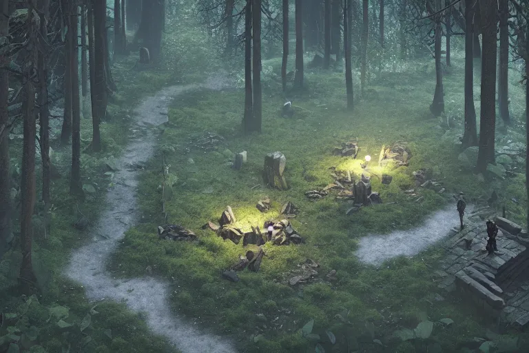 Prompt: Isometric dark moonlit forest RPG level, 3d render, octane render, by Greg Rutkowski